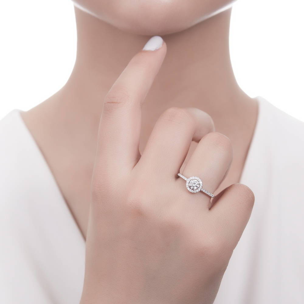 Model wearing Halo Round CZ Ring in Sterling Silver, 2 of 6