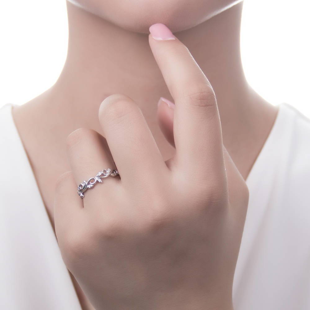 Model wearing Leaf Solitaire CZ Ring Set in Sterling Silver, 8 of 10