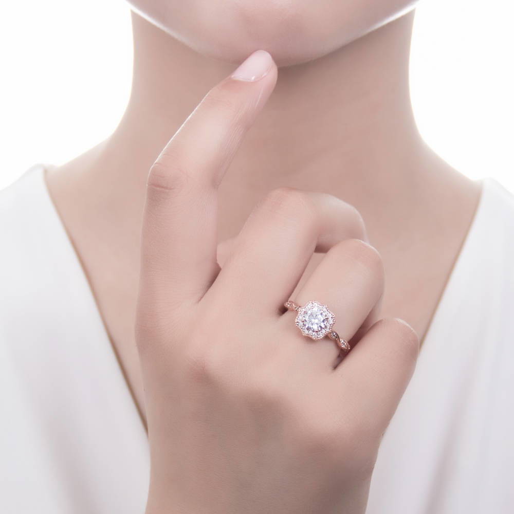 Model wearing Halo Art Deco CZ Ring in Rose Gold Plated Sterling Silver, 2 of 8