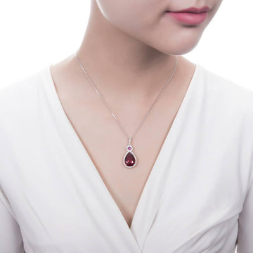 Halo Simulated Ruby Pear CZ Pendant Necklace in Sterling Silver