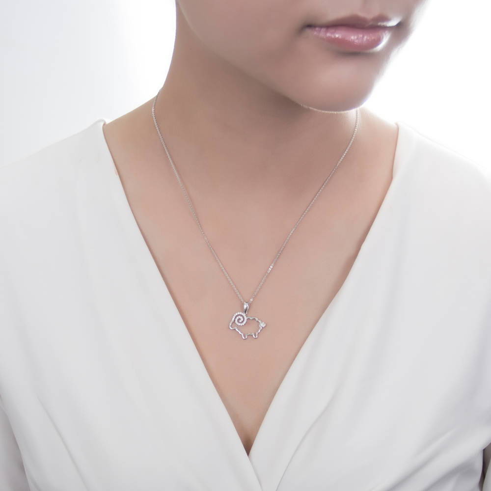 Model wearing Sheep CZ Pendant Necklace in Sterling Silver, 2 of 7