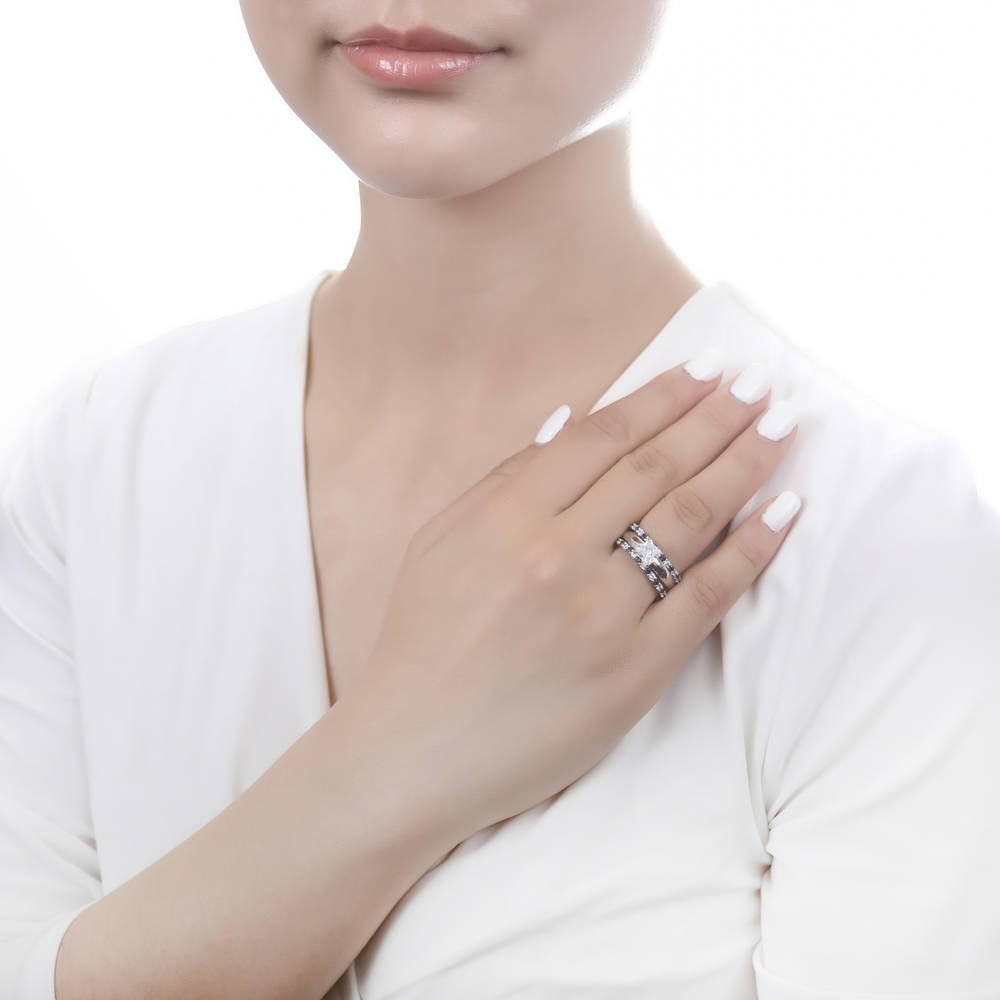 Model wearing Sapphire-Blue Pave CZ Eternity Ring in Sterling Silver, 13 of 18