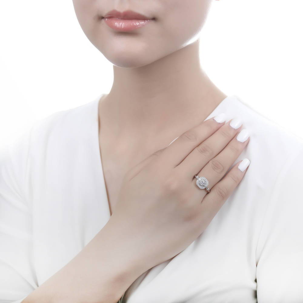 Model wearing Art Deco CZ Ring in Sterling Silver, 6 of 9