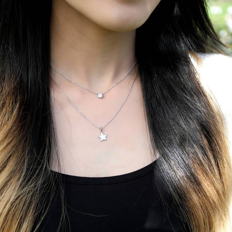 Image Contain: Model Wearing Solitaire Pendant Necklace, Star Pendant Necklace