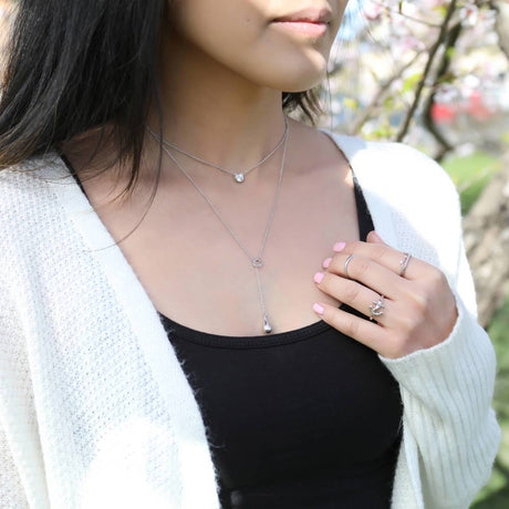 Model Wearing Anchor Ring, Cable Band, Crown Ring, Solitaire Pendant Necklace, Teardrop Lariat Necklace