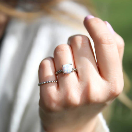 Model Wearing Bead Band, Solitaire Ring