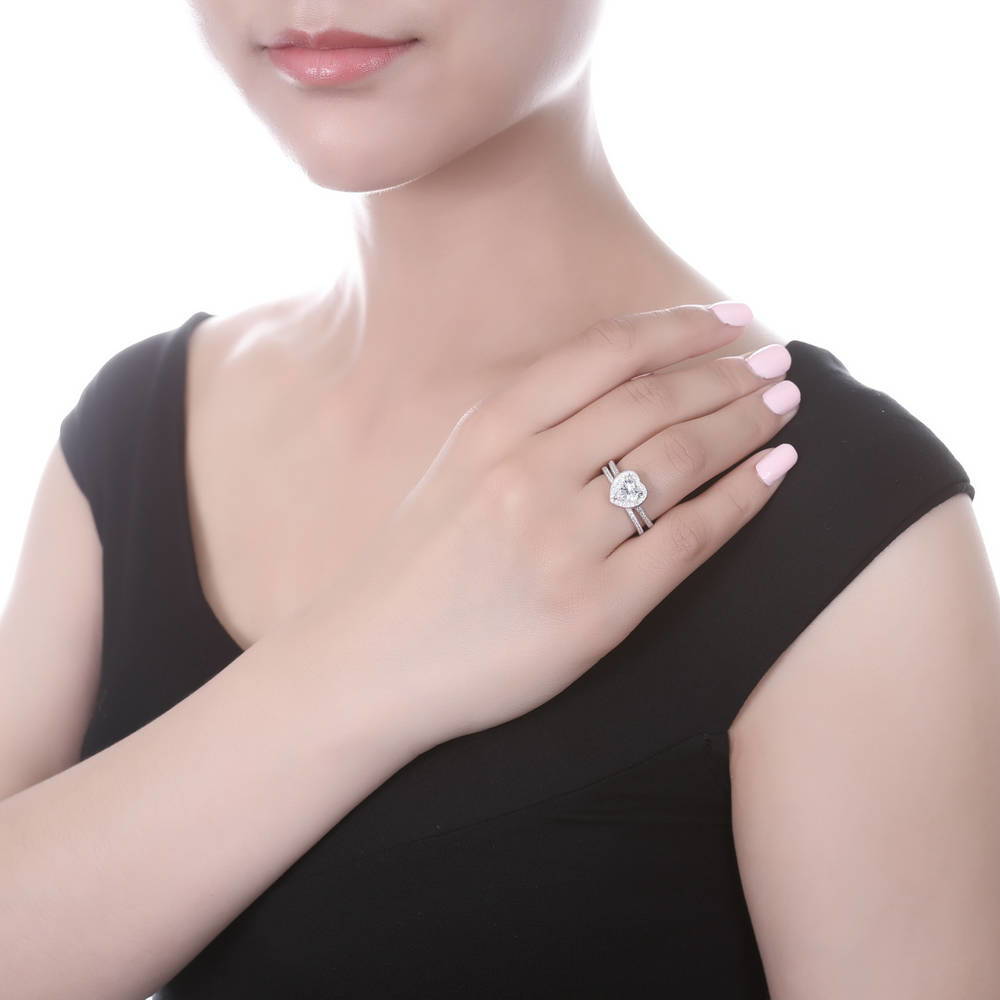 Model wearing Halo Heart Heart CZ Ring Set in Sterling Silver, 2 of 8