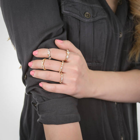 Image Contain: Model Wearing 3-Stone Ring, Bubble Eternity Ring, Butterfly Ring, Woven Eternity Ring