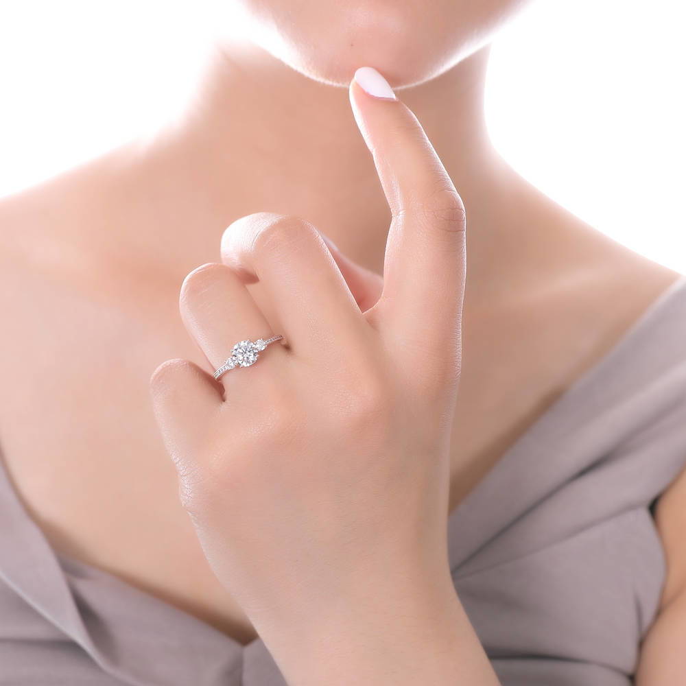 Model wearing 3-Stone Round CZ Ring Set in Sterling Silver, 11 of 18