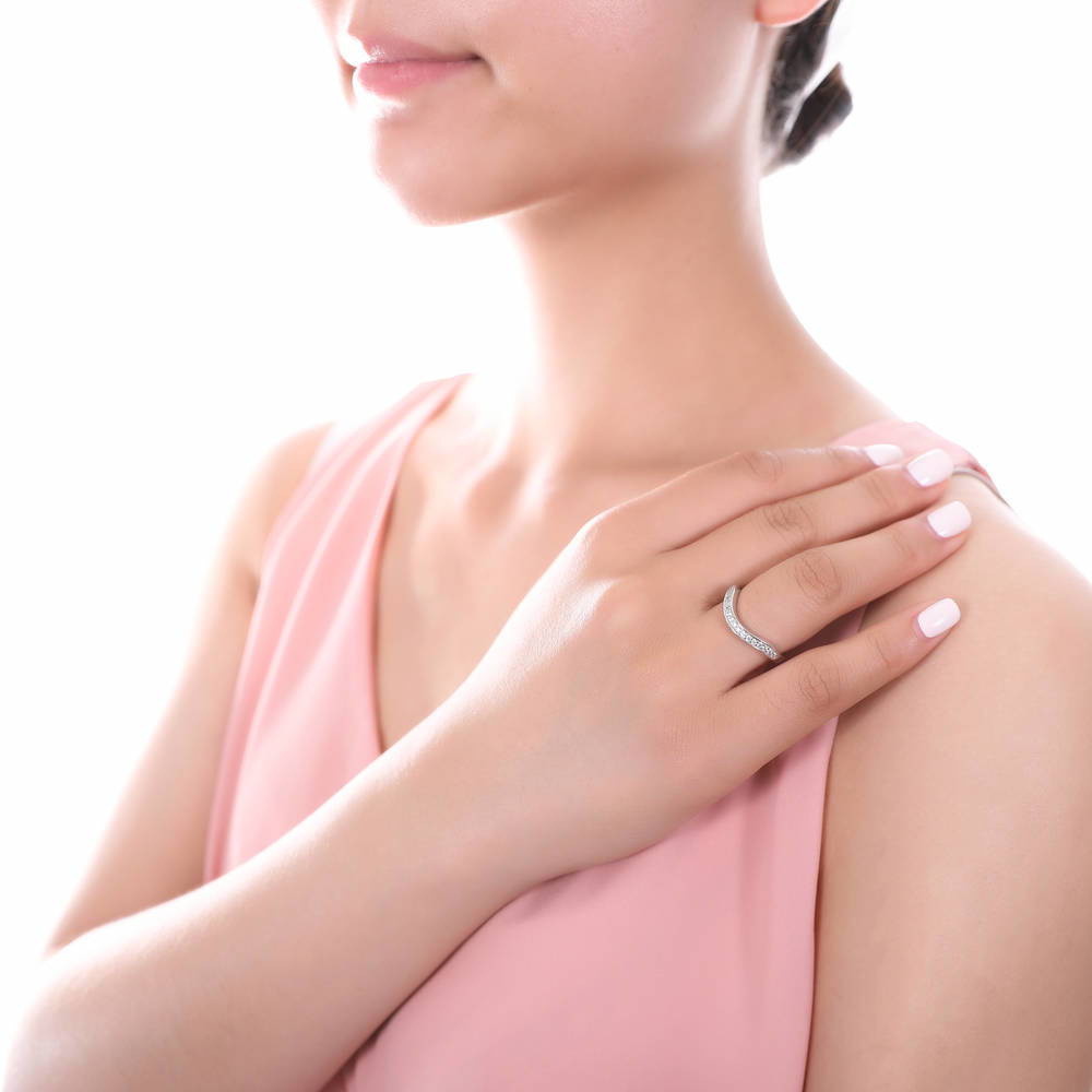 Model wearing Halo Art Deco CZ Ring Set in Sterling Silver, 15 of 16