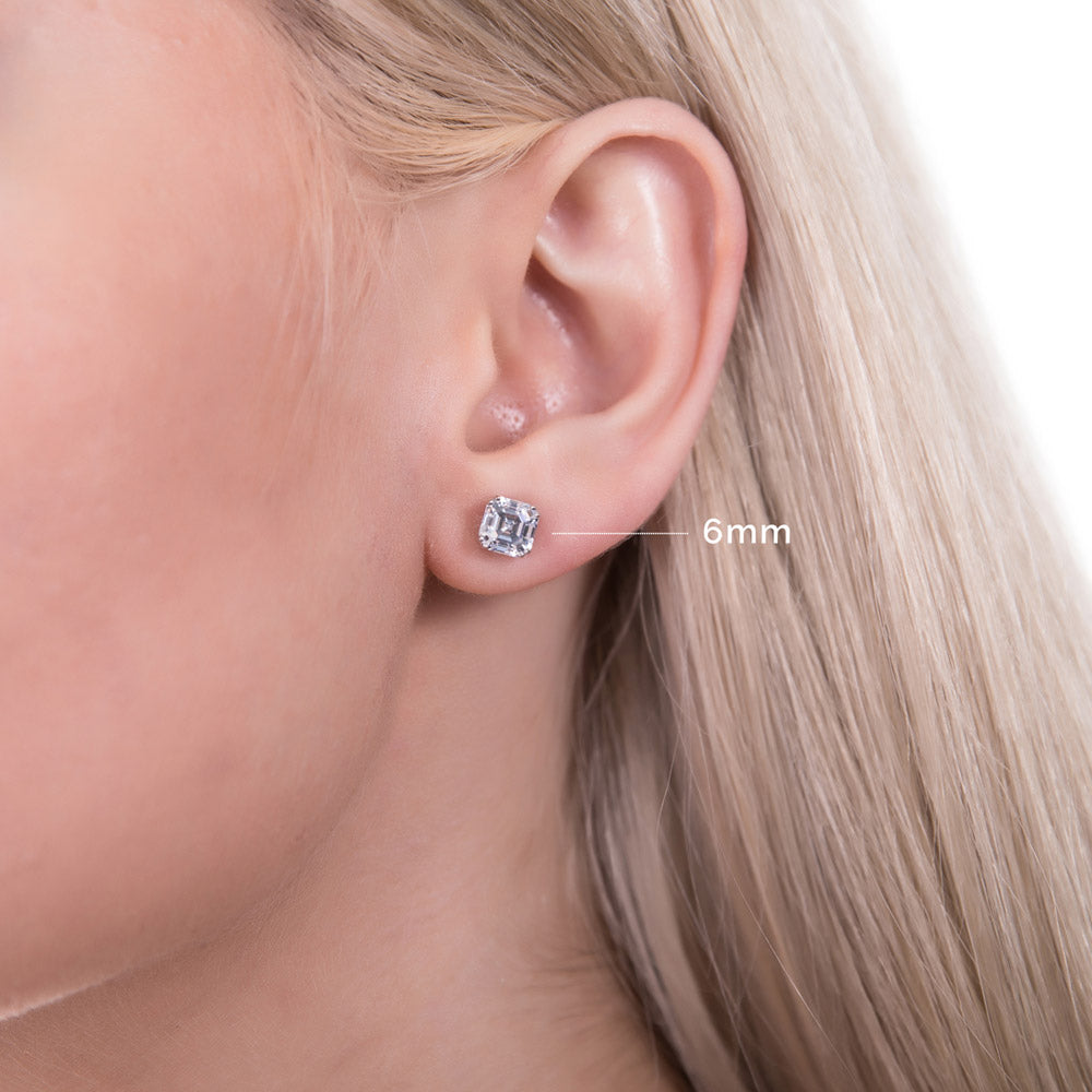 Model wearing Solitaire Asscher CZ Necklace and Earrings Set in Sterling Silver, 10 of 15