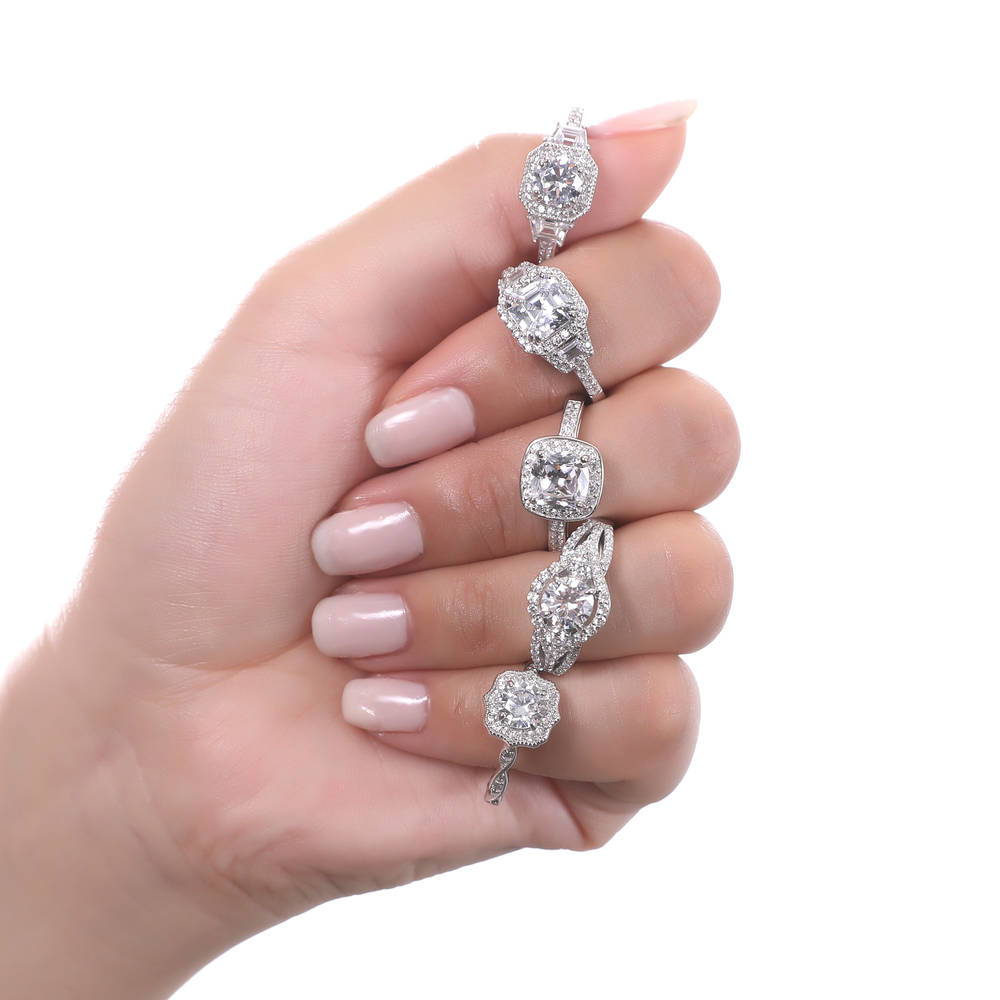 Model wearing Halo Art Deco CZ Ring in Sterling Silver, 9 of 11