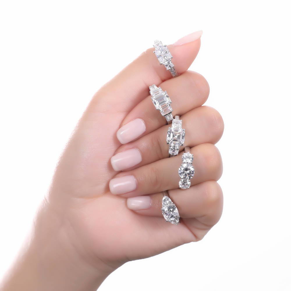 Model wearing 3-Stone Round CZ Ring in Sterling Silver, 11 of 12