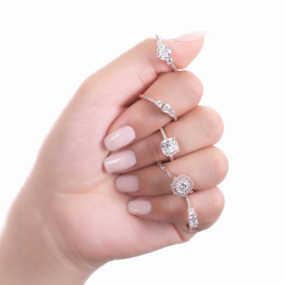 Model wearing 3-Stone 1.25ct CZ Ring in Rose Gold Plated Sterling Silver, 6 of 8