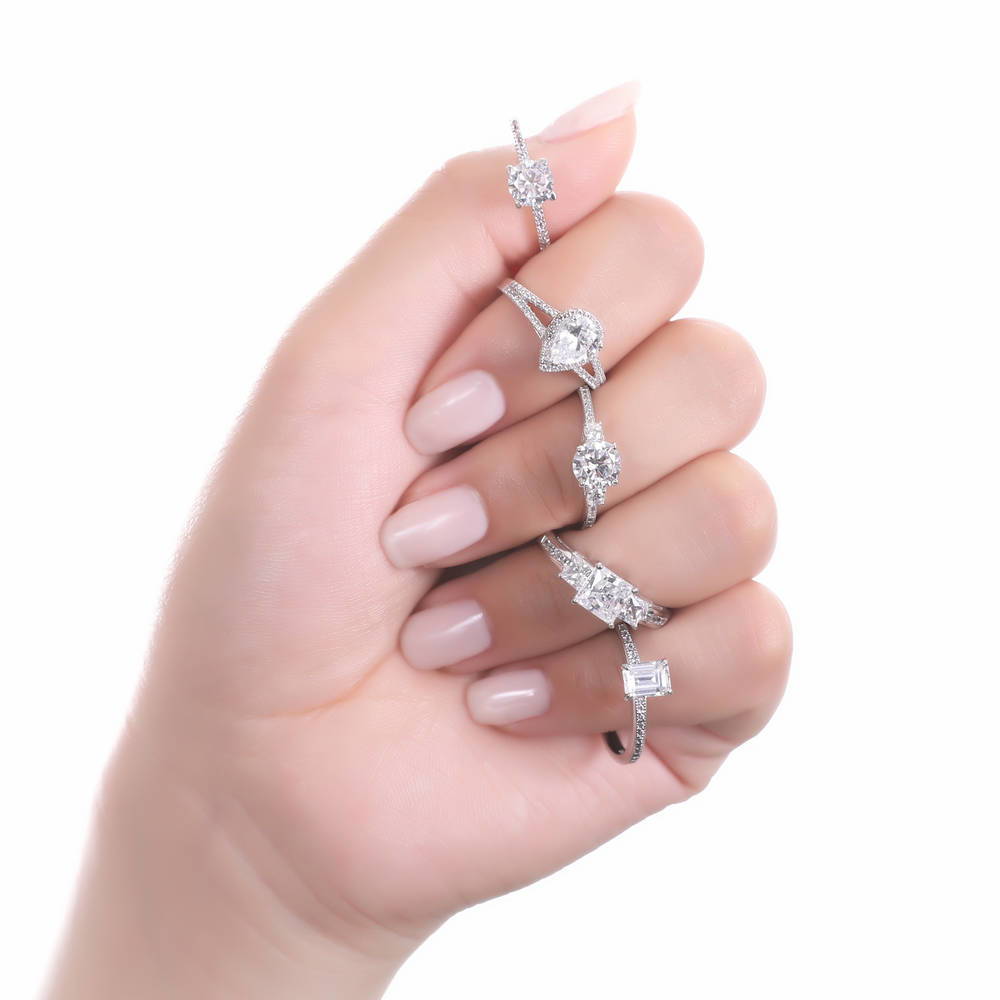 Model wearing 3-Stone 1.6ct Princess CZ Ring in Sterling Silver, 17 of 19