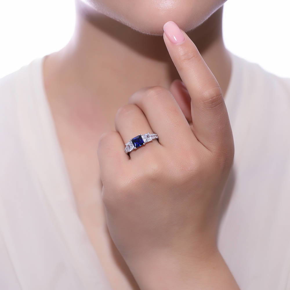 3-Stone 1.6ct Sapphire-Blue Princess CZ Ring in Sterling Silver
