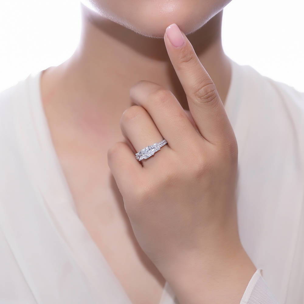 Model wearing 3-Stone Princess CZ Ring Set in Sterling Silver, 9 of 13