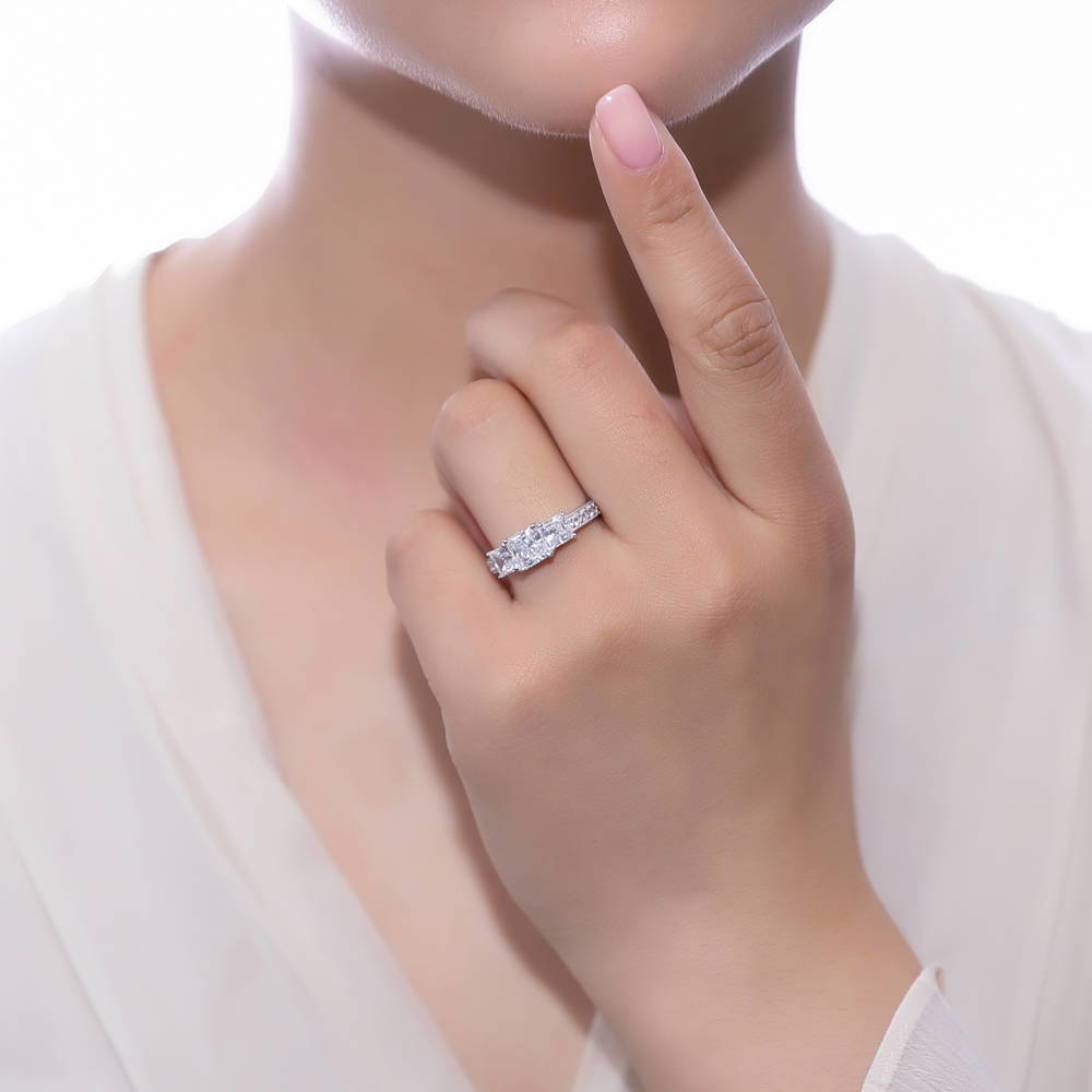 Model wearing 3-Stone 1.6ct Princess CZ Ring in Sterling Silver, 7 of 14