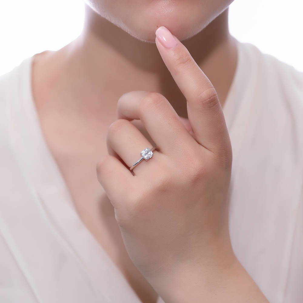 Model wearing Solitaire 1.5ct Cushion CZ Ring in Sterling Silver, 2 of 6