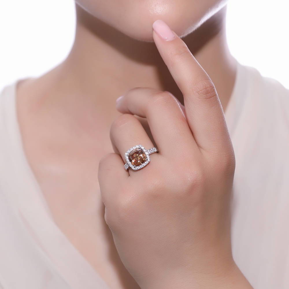 Model wearing Halo Deep Champagne Cushion CZ Ring in Sterling Silver, 3 of 8