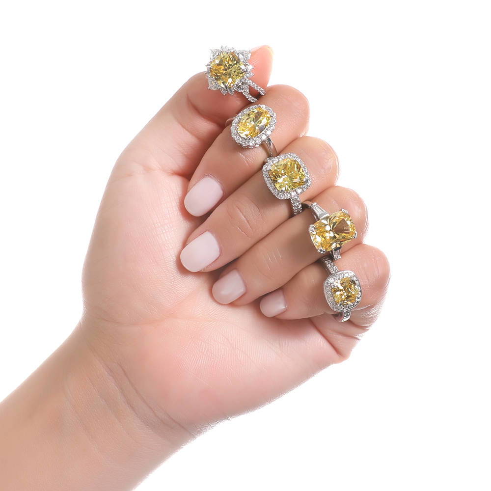Halo Canary Yellow Cushion CZ Ring in Sterling Silver