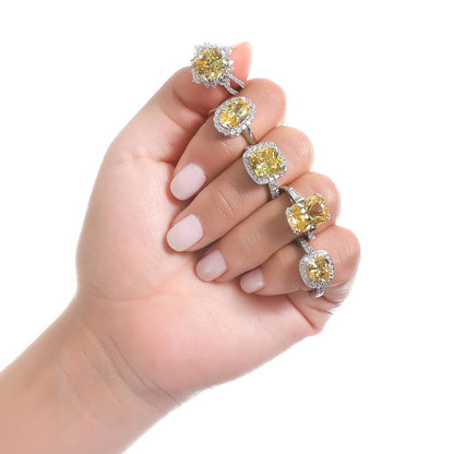 Halo Canary Yellow Cushion CZ Ring in Sterling Silver