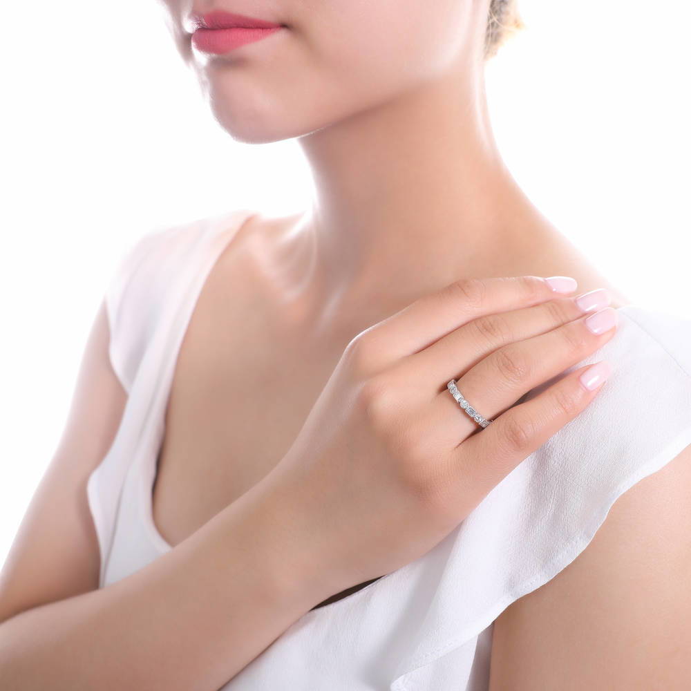 Model wearing Art Deco Milgrain Bezel Set CZ Eternity Ring in Sterling Silver, 3 of 7