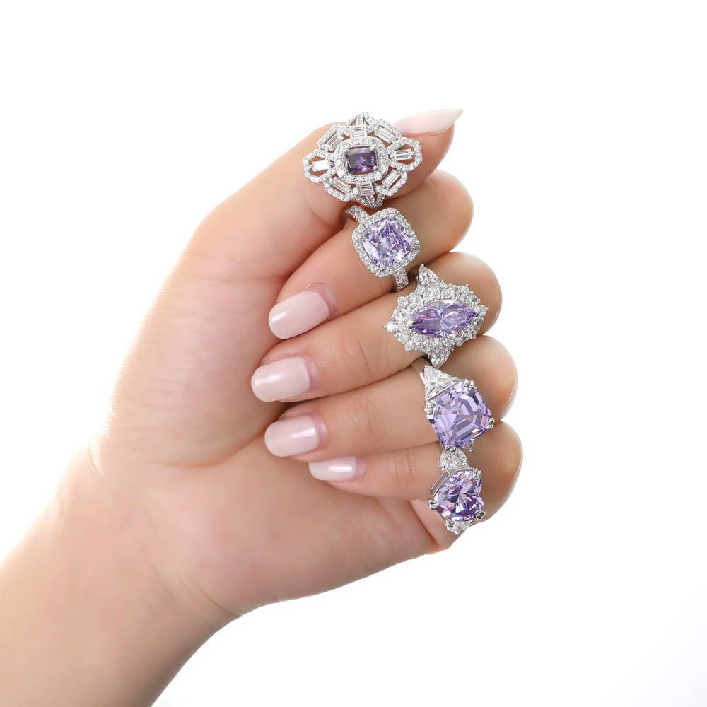 Model wearing 3-Stone 12.6ct Purple Asscher CZ Ring in Sterling Silver, 9 of 11