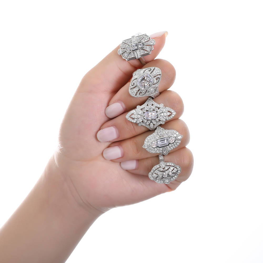 Model wearing Navette Art Deco CZ Ring in Sterling Silver, 9 of 11