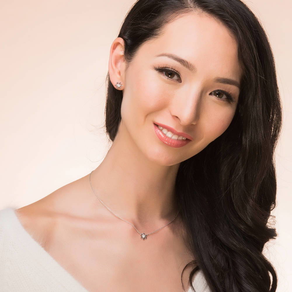 Model wearing Snowflake CZ Necklace in Sterling Silver, 2 of 6