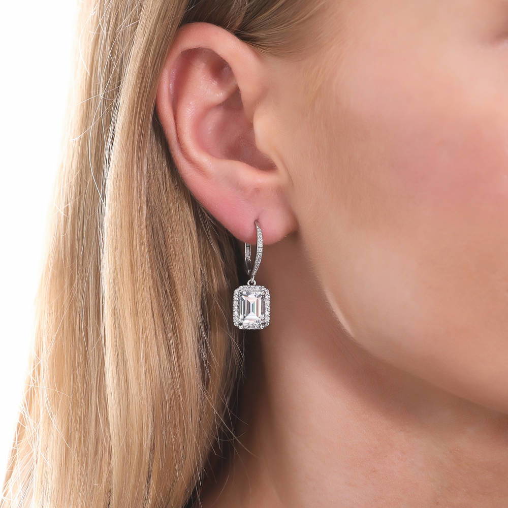 Model wearing Halo Emerald Cut CZ Necklace and Earrings Set in Sterling Silver, 6 of 11