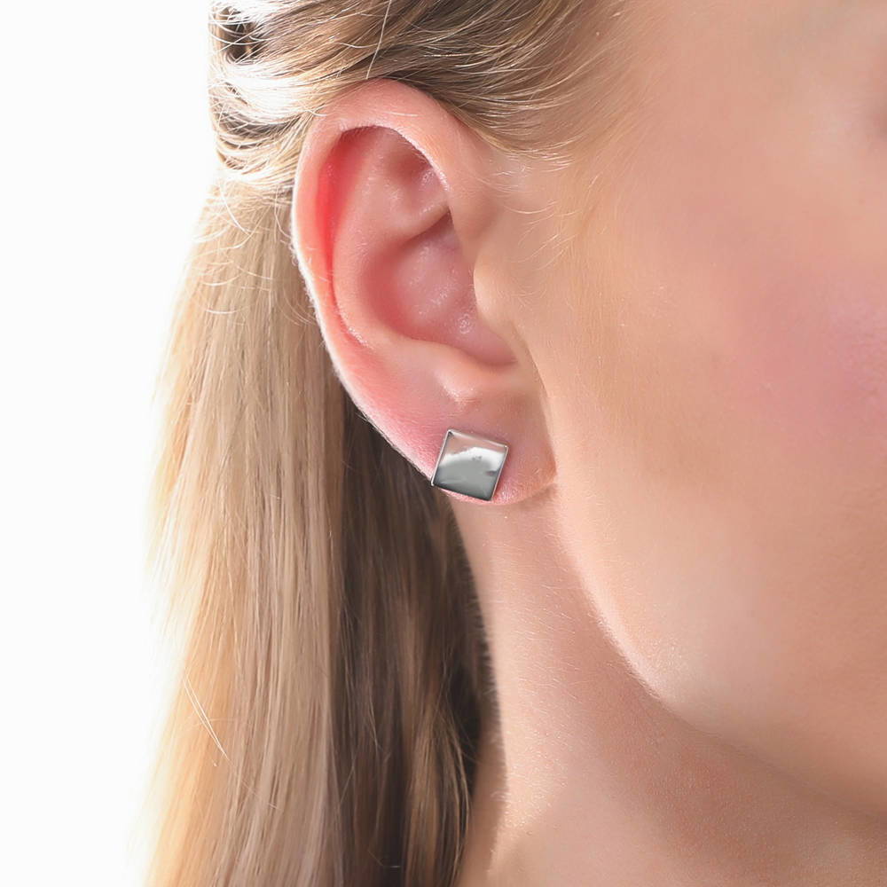 Model wearing Square Stud Earrings in Sterling Silver, 6 of 8