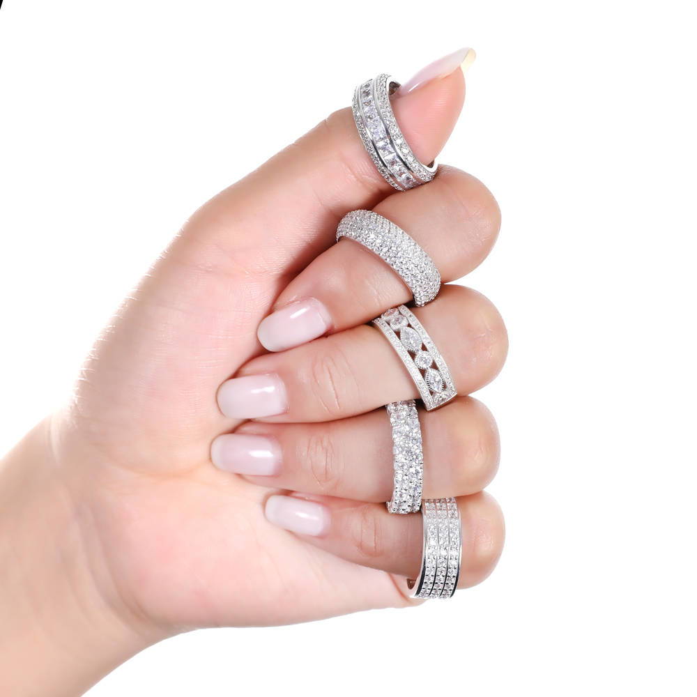 Model wearing Art Deco Milgrain Bezel Set CZ Half Eternity Ring in Sterling Silver, 7 of 8