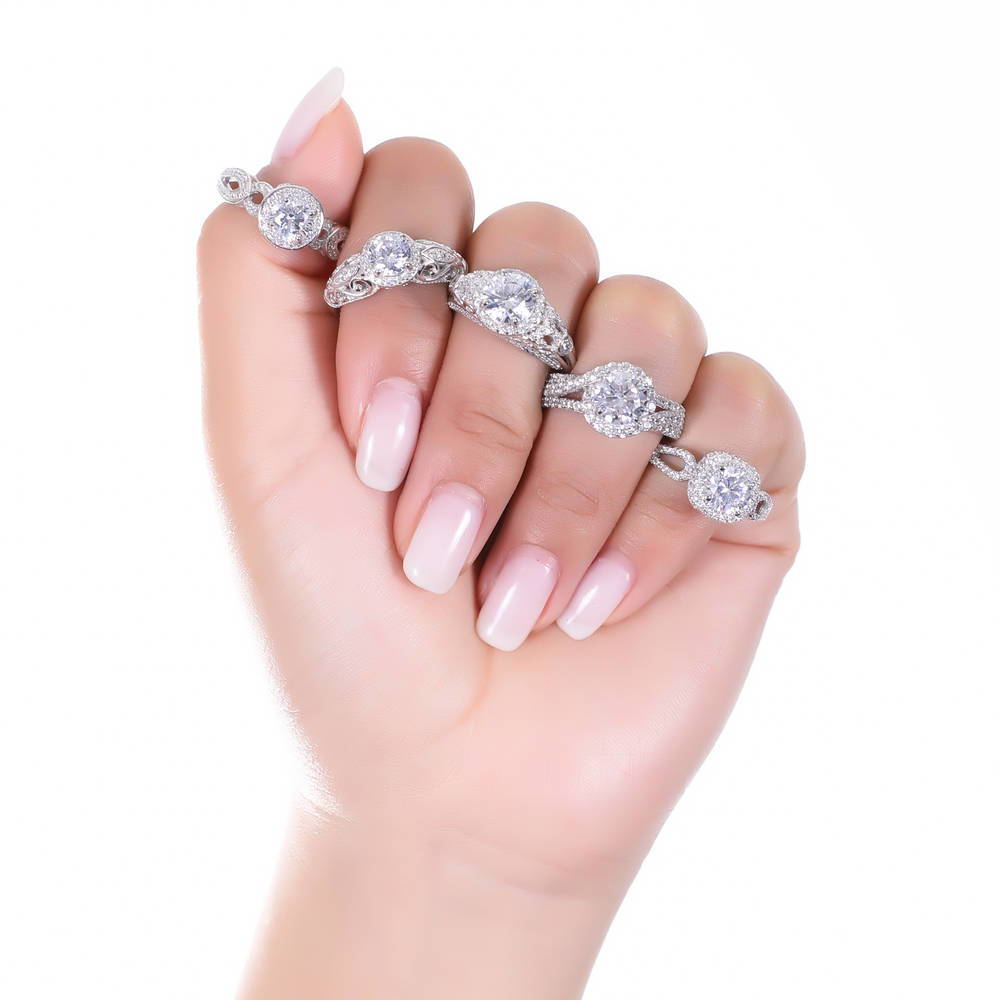 Model wearing Halo Art Deco CZ Ring in Sterling Silver, 10 of 11