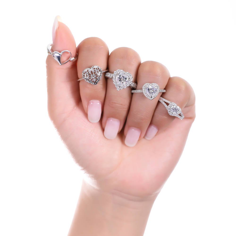 Model wearing Halo Heart Heart CZ Ring in Sterling Silver, 3 of 7