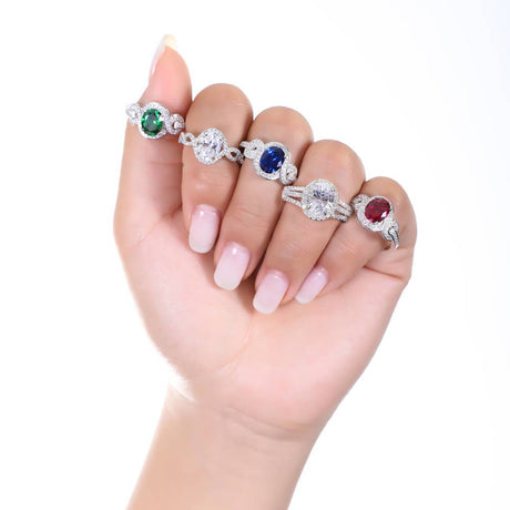 Model Wearing Halo Split Shank Ring, Solitaire with Side Stones Ring
