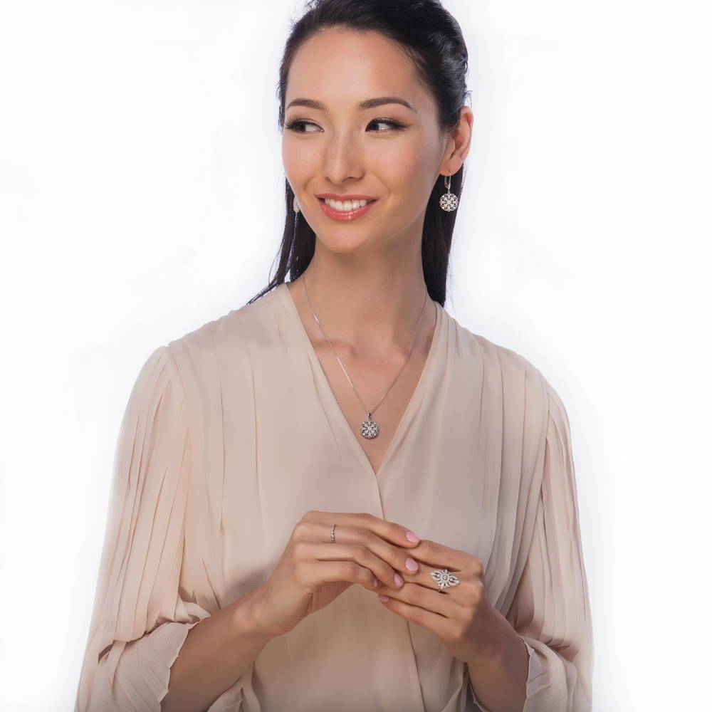 Model wearing Navette Art Deco Milgrain CZ Ring in Sterling Silver, 4 of 7