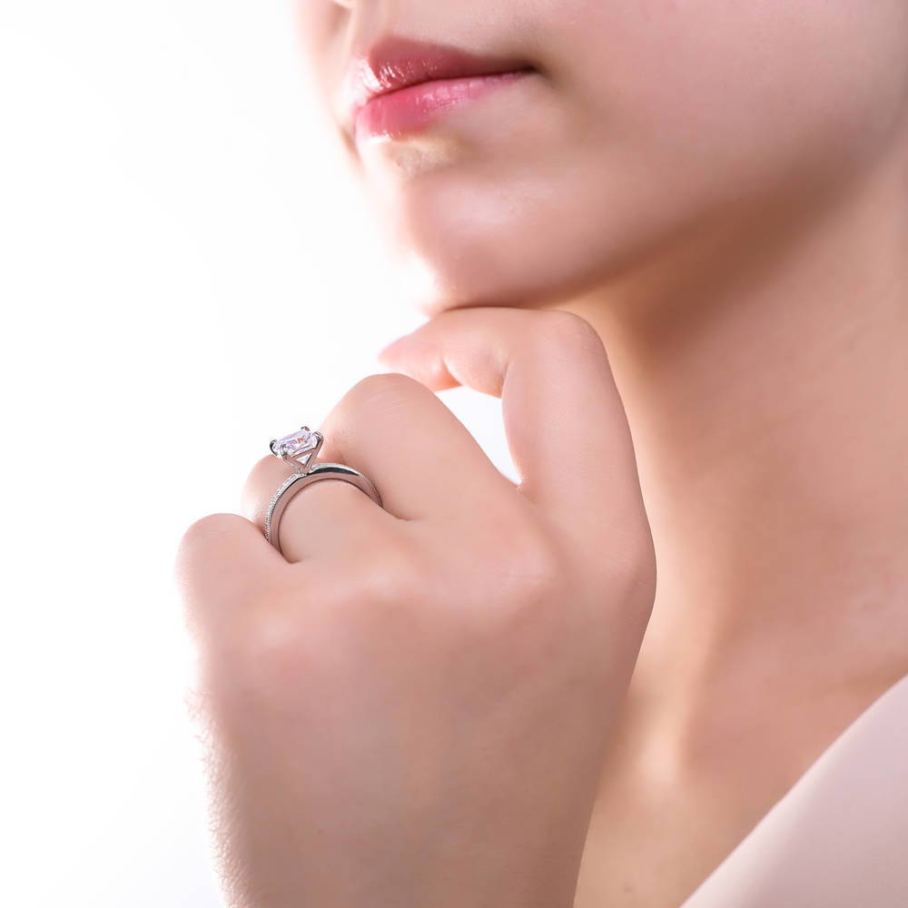 Model wearing Solitaire 3ct Cushion CZ Ring in Sterling Silver, 3 of 8
