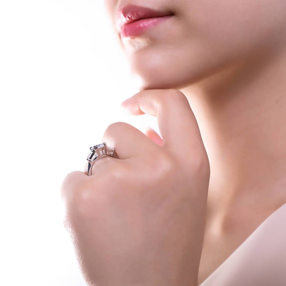 Model wearing 3-Stone Oval CZ Ring in Sterling Silver, 6 of 10