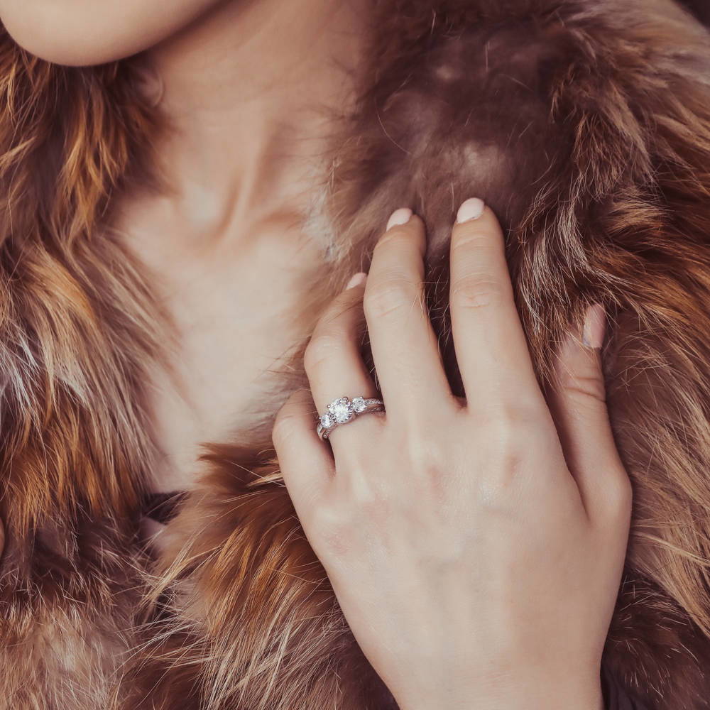 Model wearing 3-Stone 1ct CZ Ring Set in Sterling Silver, 12 of 19