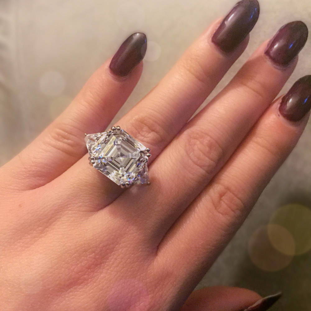 Model wearing 3-Stone 12.6ct Asscher CZ Ring in Sterling Silver, 7 of 13
