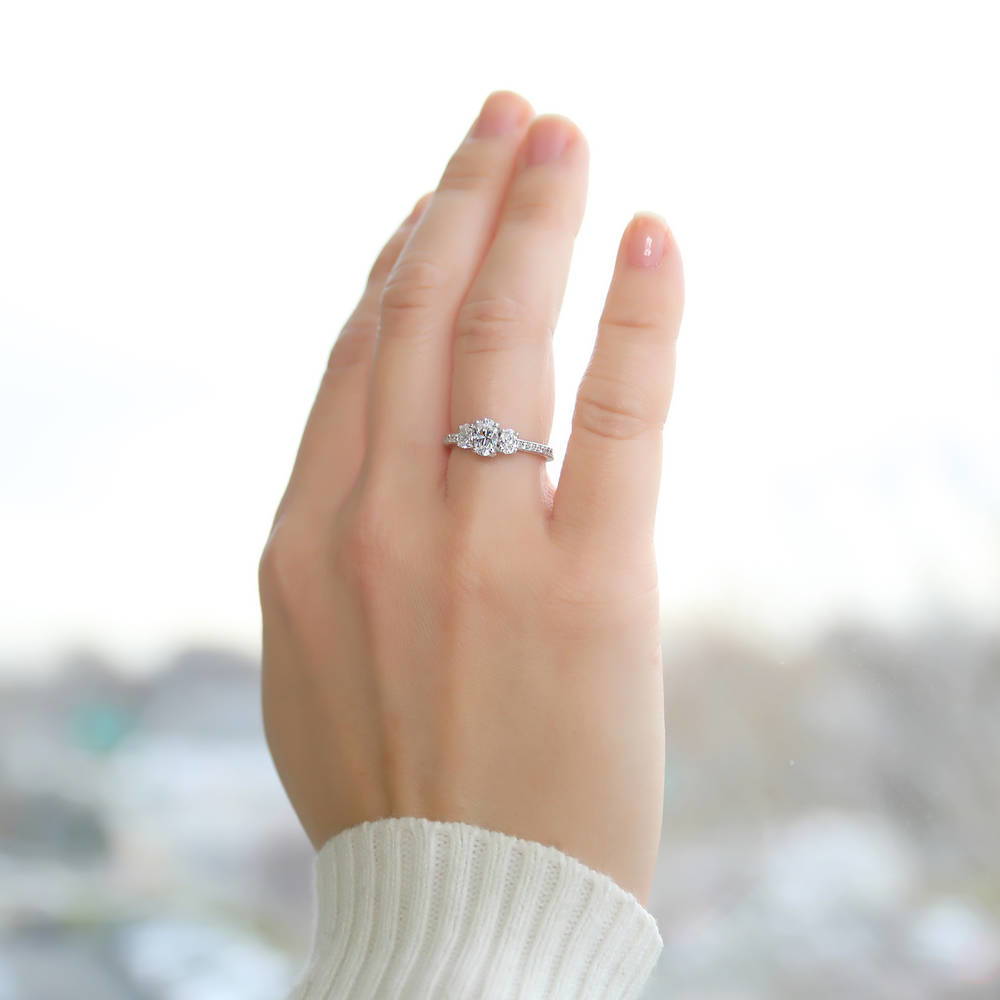 Model wearing 3-Stone Oval CZ Ring in Sterling Silver, 2 of 6