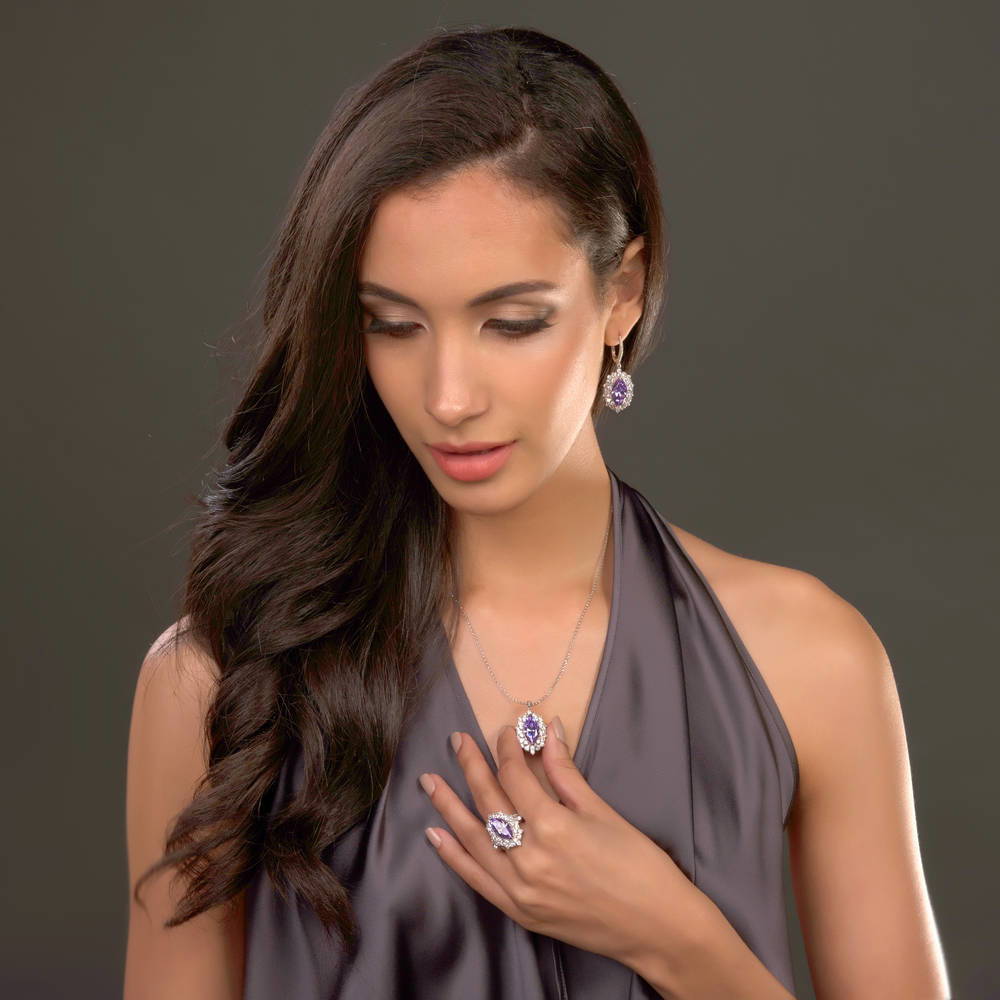 Model wearing Halo Purple Marquise CZ Ring in Sterling Silver, 2 of 8