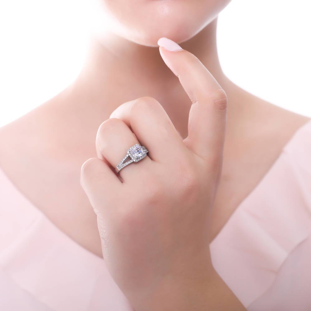 Model wearing Halo Princess CZ Split Shank Ring in Sterling Silver, 2 of 9