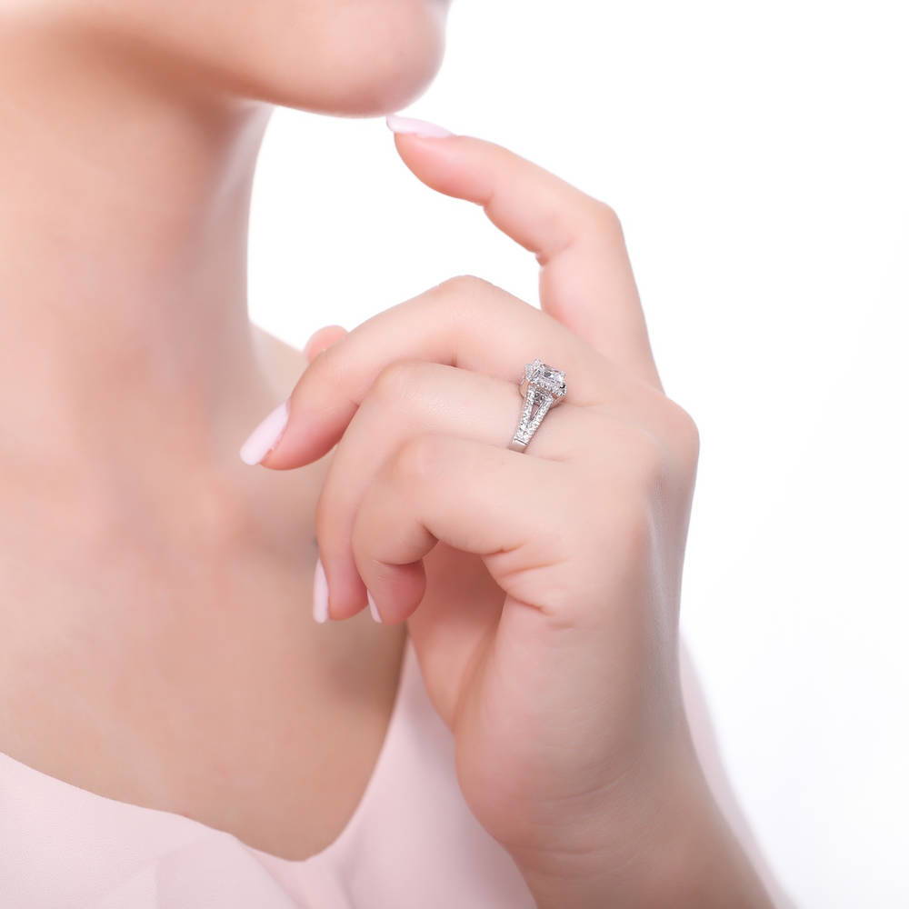 Model wearing Halo Princess CZ Split Shank Ring in Sterling Silver, 6 of 9