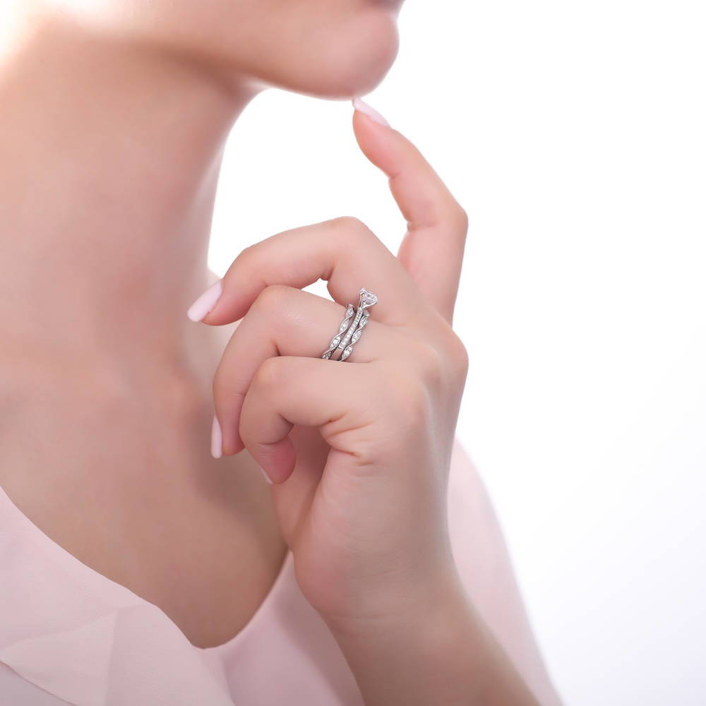 Model wearing Solitaire 1ct Round CZ Ring Set in Sterling Silver, 6 of 11