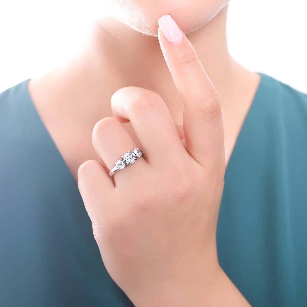 Model wearing 3-Stone Criss Cross Round CZ Ring Set in Sterling Silver, 9 of 14