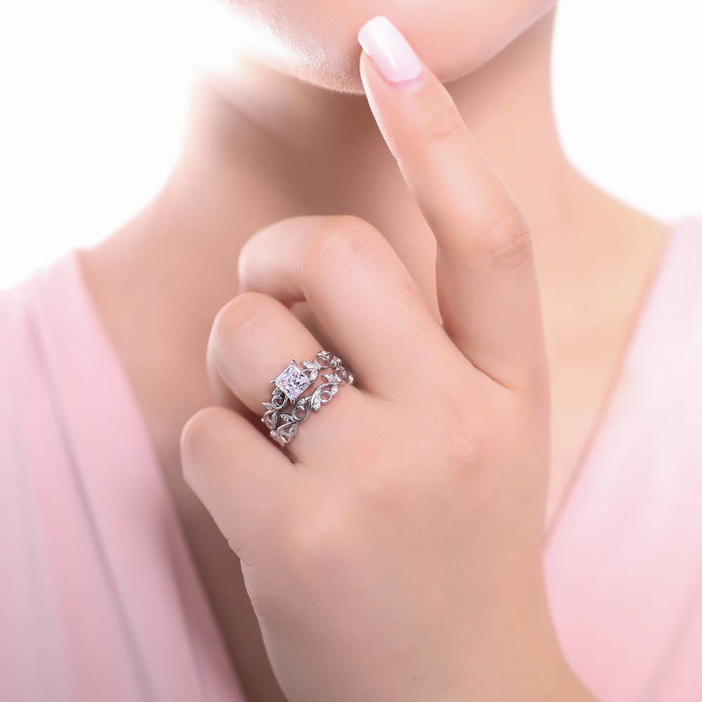 Model wearing Leaf Solitaire CZ Ring Set in Sterling Silver, 2 of 10