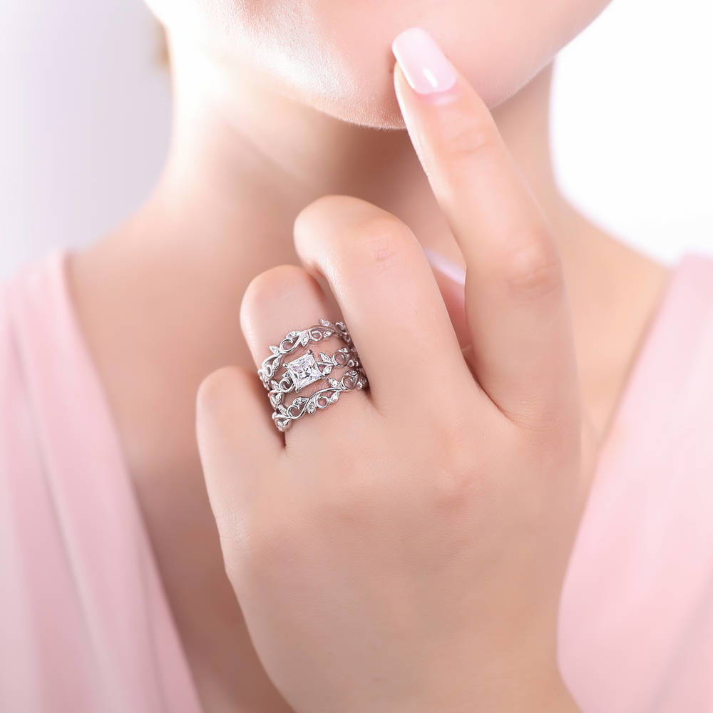 Solitaire Leaf Filigree Princess CZ Ring Set in Sterling Silver