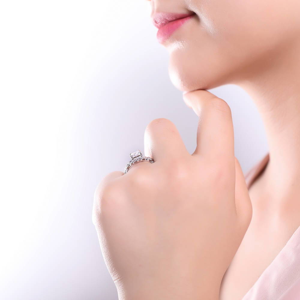 Model wearing Leaf Solitaire CZ Ring Set in Sterling Silver, 5 of 11